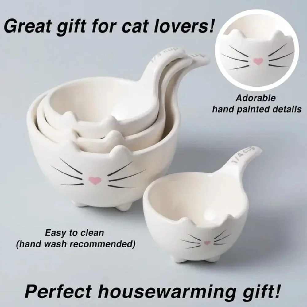 Cat Face Ceramic Measuring Cups - White